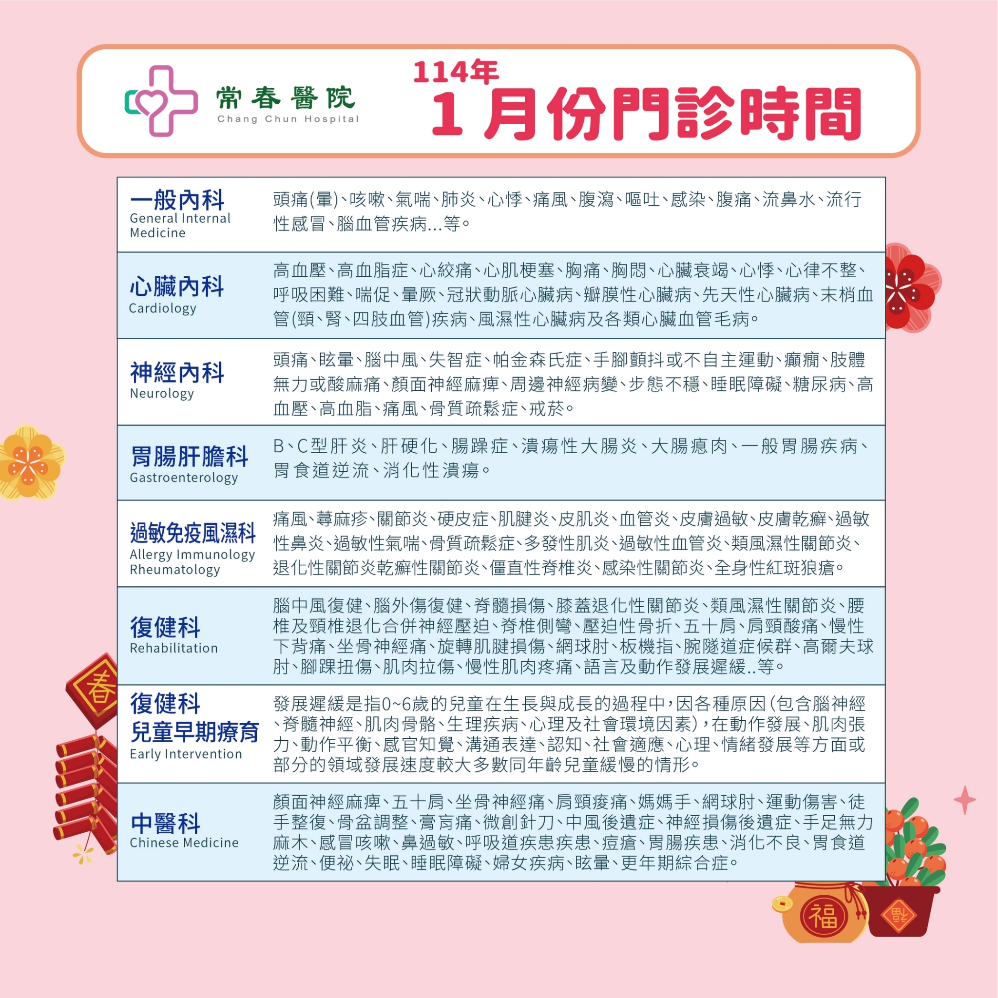 常春門診表114年01月份